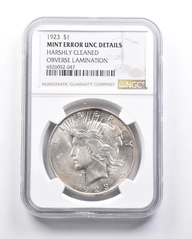 UNC 1923 Peace Silver Dollar Error OBV Lamination NGC *6653