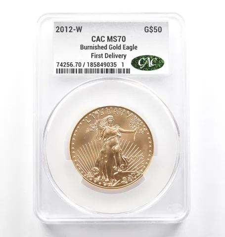 2012-W $50 Burnished Gold Eagle First Delivery 1 Oz Gold MS70 CAC CACg *9824