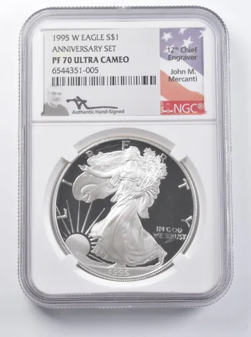PF70 UCAM 1995-W American Silver Eagle Anniversary Set Signed Mercanti NGC *7278
