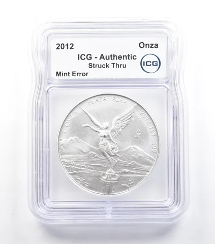 2012 Mo Mexico 1 Onza Silver Libertad Mint Error Struck Thru Authentic ICG *5050