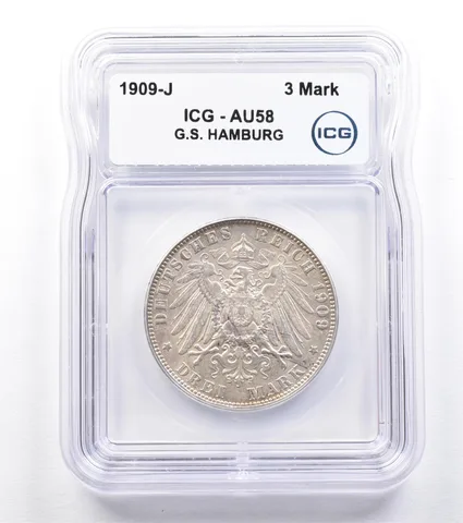 1909 J German States Hamburg 3 Mark AU58 ICG *1828