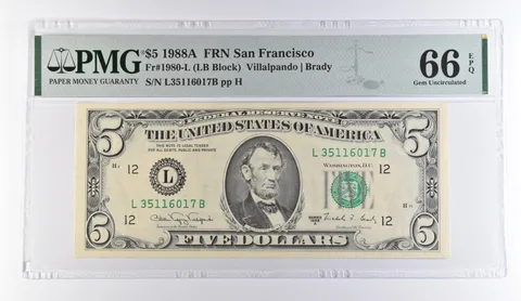 1988 A $5 San Francisco CA FRN Fr#1980-L Gem Unc 66 EPQ PMG *9445