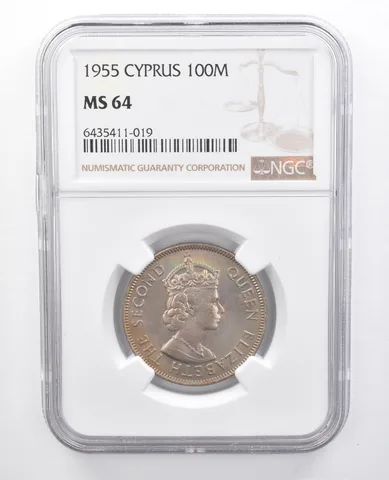 1955 Cyprus 100 Mils MS64 NGC Rainbow Tone a7667