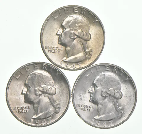 Choice Unc 1947 P+D+S Washington Quarter Gem BU Collection Lot Set