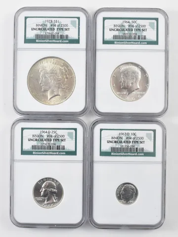 Lot (4) 1923 Peace Silver Dollar/Dime Half Quarter Unc Type Set Binion NGC *9798