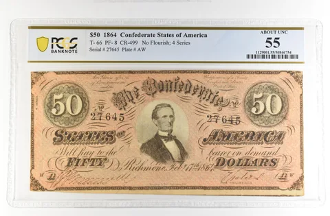 1864 $50 Confederate States America Large Note T-66 PF-8 CR-499 AU 55 PCGS *4201