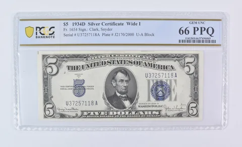 1934 D $5 Silver Certificate Wide I Fr#1654 Gem Unc 66 PPQ PCGS