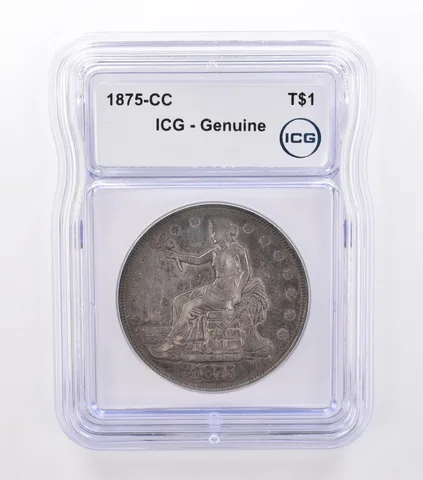 1875-CC Seated Liberty Trade Dollar Genuine ICG Beautiful Tone *9205
