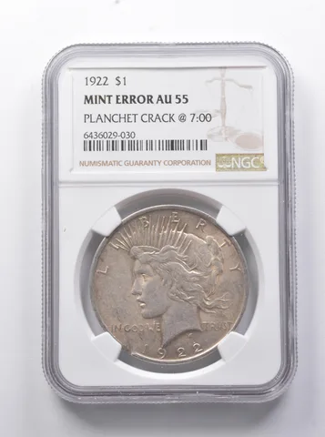 MINT ERROR AU55 1922 Peace Silver Dollar Planchet Crack @ 7:00 NGC a7759