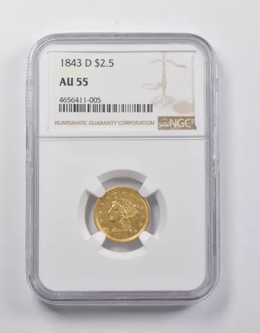 AU55 1843-D $2.50 Liberty Head Gold Quarter Eagle NGC PPW *3976