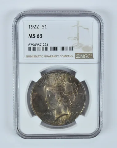 MS63 1922 Peace Silver Dollar NGC Beautifully Toned a9628