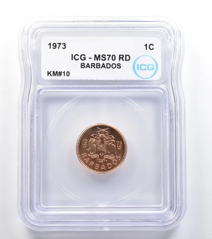 1973 Barbados 1 Cent KM#10 MS70 RD ICG *7996