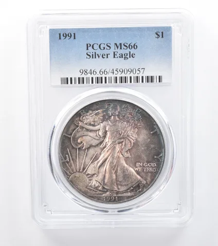1991 American Silver Eagle MS66 PCGS Blue/Purple Tone *7756