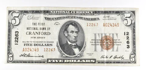 1929 $5 Cranford, NJ National Currency Note Brown Seal 12263 a5726