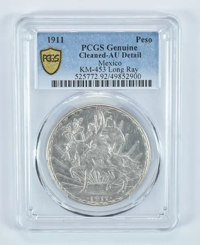 1911 Mexico Peso KM-453 Long Ray AU Detail Genuine Cleaned PCGS a9078