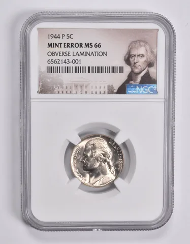 Mint Error MS66 1944-P Jefferson Nickel OBV Lamination NGC *3568