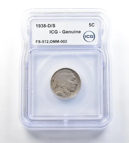 1938-D/S Indian Head Buffalo Nickel FS-512 OMM-002 Genuine ICG *0662