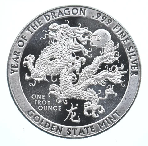 VINTAGE Art Bar/Round Golden State Mint Year Of Dragon .999 Silver 1 T Oz *908