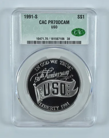 1991-S USO Anniversary Commemorative Silver Dollar PR70 DCAM CAC CACg