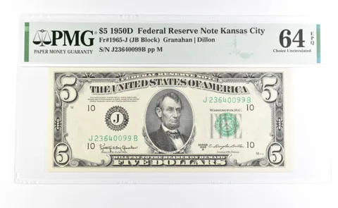 PMG 64 Unc EPQ 1950 D $5 Kansas City, MO US FRN Green Seal Fr#1965-J a1033