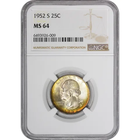 MS64 1952-S Washington Quarter NGC Beautifully Toned a2898