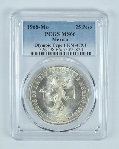 1968 Mo Mexico 25 Pesos Olympic Type 1 MS66 PCGS Blue Label