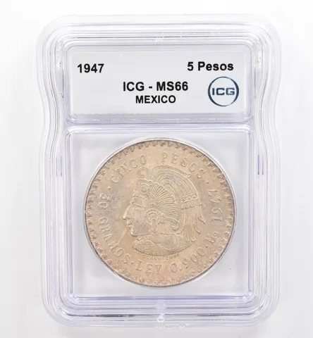 1947 Mo Mexico 5 Pesos MS66 ICG Beautiful Tone *9490