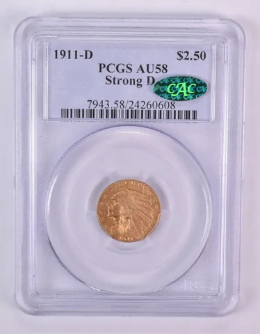 1911-D $2.50 Indian Head Gold Quarter Eagle Strong D PQ AU58 PCGS CAC *1012