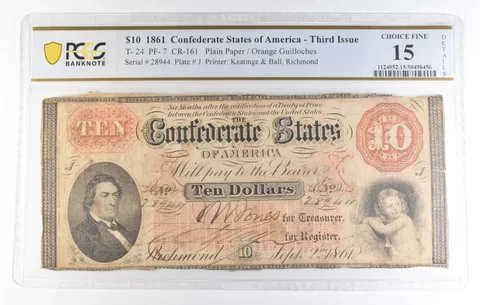 1861 $10 Confederate Third Issue T-24 PF-7 CR-161 Choice Fine 15 PCGS *0139