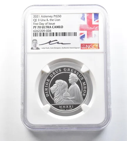2021 Alderney 50 Pounds Platinum Una & Lion FDOI Jody Clark Sign PF70 NGC a0635