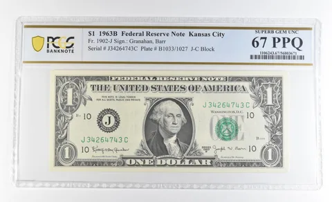 1963 B $1 Kansas City MO FRN Fr#1902-J Superb Gem Unc 67 PPQ PCGS *9253