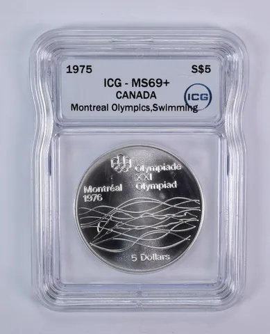 1975 Canada 5 Dollars Silver Montreal Olympics Swimming MS69+ ICG