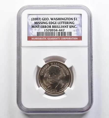 (2007) Presidential $1 Washington Mint Error Missing Edge Lettering BU NGC *9073
