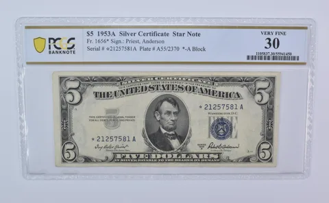 1953 A $5 Silver Certificate Star Note Fr#1656* Very Fine 30 PCGS *8122