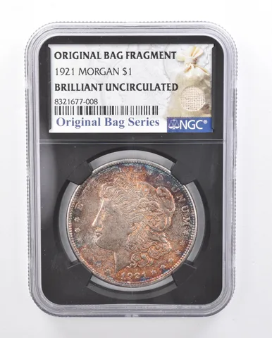 1921 Morgan Silver Dollar Original Bag Fragment BU NGC Rainbow Tone *6133