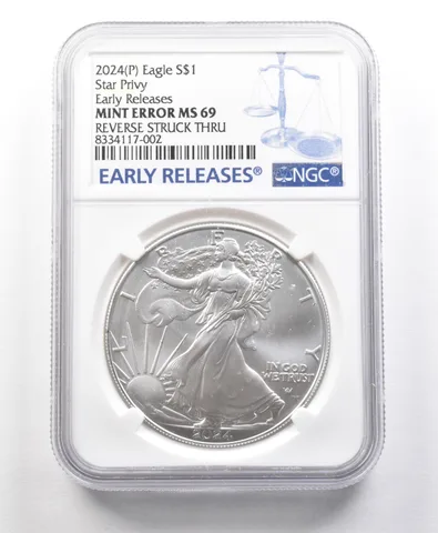 2024 (P) American Silver Eagle Star Privy Error Rev Struck Thru MS69 NGC *5670