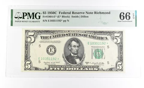 PMG 66 EPQ 1950 C $5 Richmond, VA US FRN Green Seal Fr#1964-E* Star Error *1048