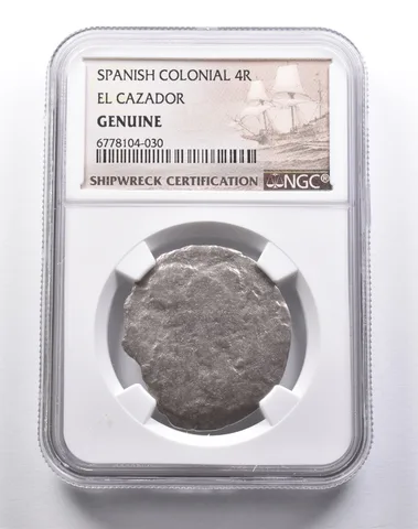 Genuine El Cazador Spanish Colonial 4 Reales NGC Shipwreck Certification *3681