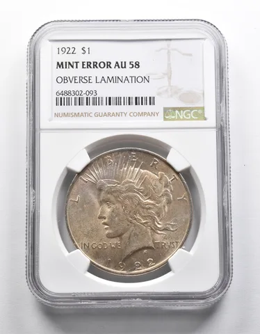Mint Error AU58 1922 Peace Silver Dollar OBV Lamination NGC *1955