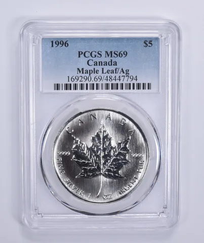 1996 Canada 5 Dollar Maple Leaf 1 Oz Silver MS69 PCGS Blue Label
