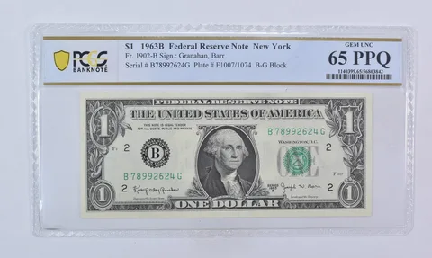 1963 B $1 New York NY FRN Fr#1902-B Gem Unc 65 PPQ PCGS Barr
