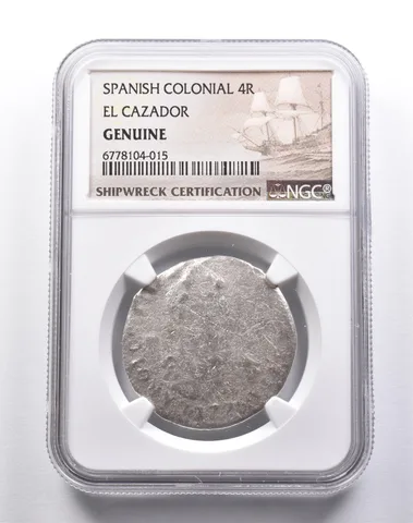 Genuine El Cazador Spanish Colonial 4 Reales NGC Shipwreck Certification *3696