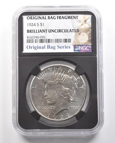 1924-S Silver Peace Dollar Original Bag Fragment BU NGC a4376