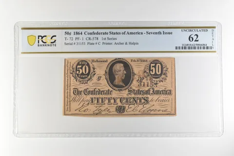 1864 50 Cents Confederate States T-72 PF-1 CR-578 Uncirculated 62 PCGS *4475
