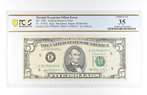 1981 $5 35 Richmond VA FRN Partial Overprint Offset Error Fr#1976-E PCGS *5833