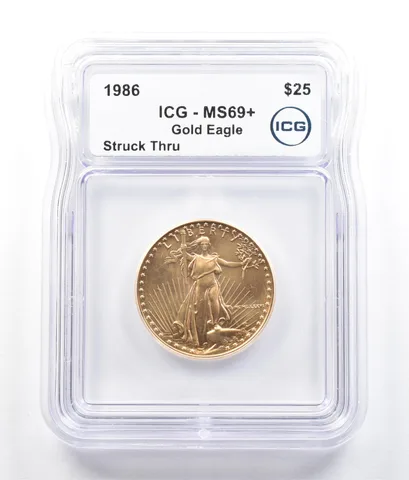 1986 $25 American Gold Eagle Mint Error Struck Thru 1/2 Oz Gold MS69+ ICG *5208