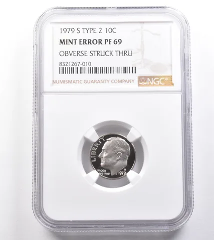 ERROR 1979-S Roosevelt Dime Type 2 Struck Thru Mint Error PF69 NGC *4941
