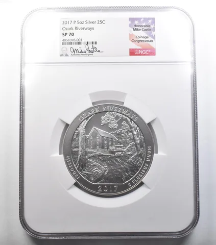 2017-P 5 Oz Silver Quarter ATB Ozark Riverways SP70 NGC Castle *0757