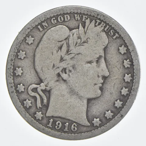 1916-D Barber Quarter 90% Silver VG Condition