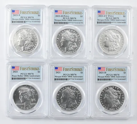 (6) 2021/D/S/O/CC Morgan/Peace Silver $1 High Relief 1st Strike MS70 PCGS *7870